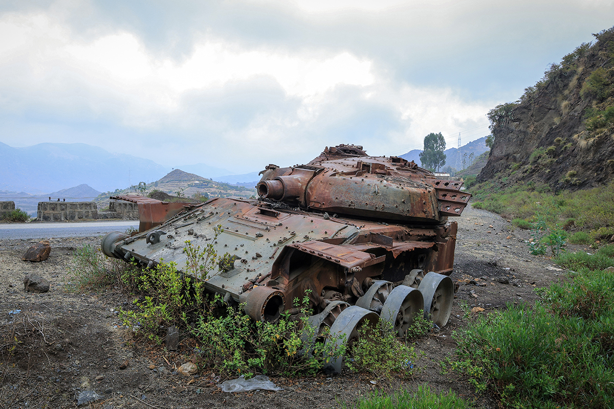 Photograph of charred remains of a tank from clashes between the Ethiopian National Defense Force ENDF and the Tigray Peoples Liberation Front