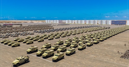 Tigr and Spartak armoured vehicles lined up during the parade held at the new Military City south of Benghazi on 26 May 2025