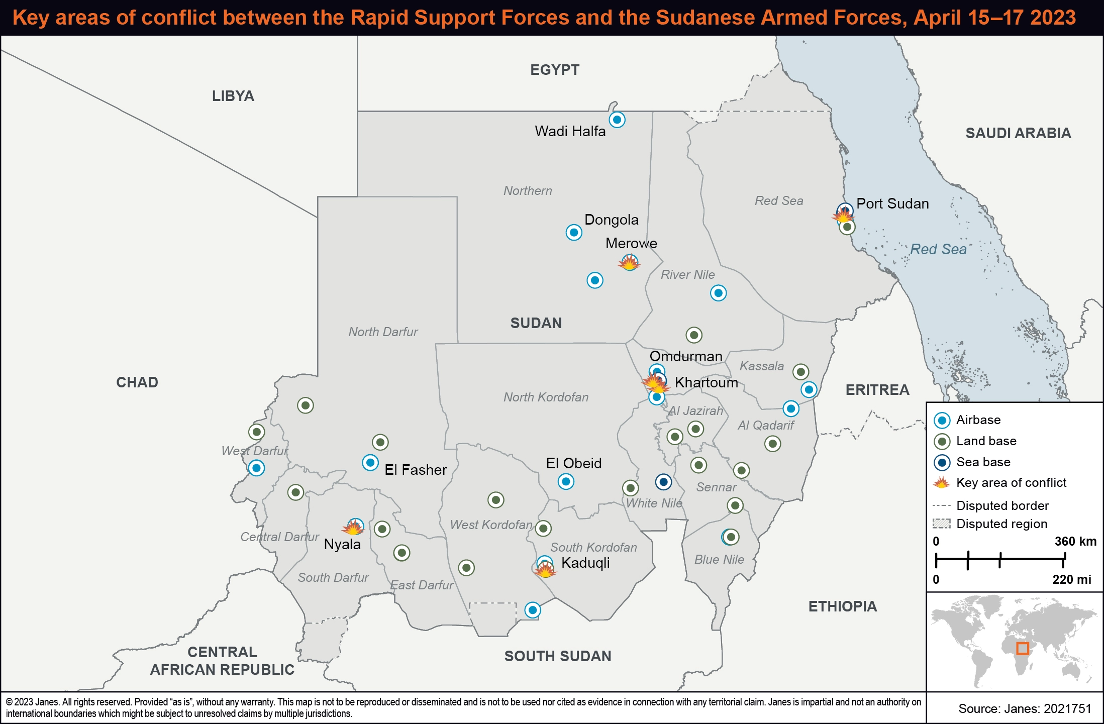 Key areas of conflict between the Rapid Support Forces and the Sudanese Armed Forces, 15–17 April 2023. (Janes)