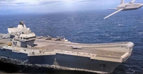 A General Atomics artwork at Farnborough 2024 shows a UK Royal Navy Queen Elizabeth-class aircraft carrier equipped with an unmanned airwing of the future.