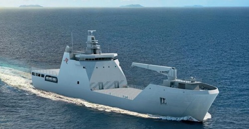 A computer-generated image of the LCH that will be constructed by Austal, based on the Damen LST 100 design.