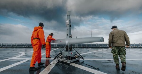 One of 12 Shield AI V-BAT VTOL UASs acquired by the Royal Netherlands Navy undergoing operational testing aboard Zr. Ms. Johan de Witt amphibious assault ship during Exercise 'Cold Response 2026'.