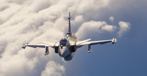 A Gripen E in operation, armed with MBDA Meteor and IRIS-T (infrared imaging system tail/thrust vector-controlled) air-to-air missiles.