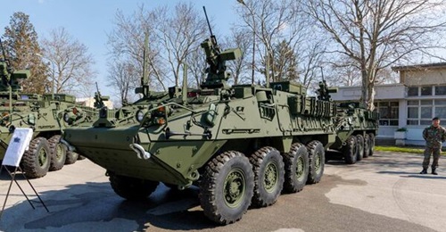 A Stryker vehicle, one of 17 presented to the Republic of North Macedonia on 25 March 2026 after a US Foreign Military Sale.