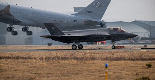 A Japan Air Self-Defense Force (JASDF) F-35A Lightning II taxis as a Royal Netherlands Air and Space Force (RNLASF) Airbus A330 Multi Role Tanker Transport takes off during Exercise 'Kazaguruma Guardian 26' at Misawa Air Base, Japan, on 23 March 2026.