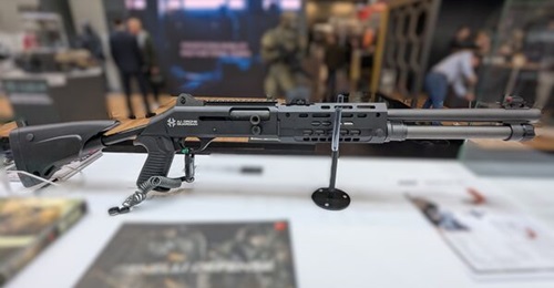 Beretta's Benelli A.I. Drone Guardian 12-gauge self-loading C-UAS shotgun, seen at the EnforceTac exhibition in Nuremberg, Germany, in February 2026. The weapon is part of the Italian army's new lethality package.