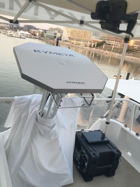 Kymeta's commercial maritime system on display. The company's Kestrel u5 terminal is a scaled-down version of the legacy commercial model developed for maritime operations.
