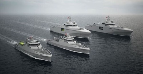A computer-generated image of the Royal Norwegian Navy's future standardised vessels, with the left two representing a possible look for the coastal size and the right two the ocean-going size.