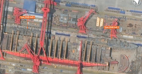 Vantor imagery showing the third and fourth Type 054B frigates under construction at Hudong Changxingdao shipyard in China.