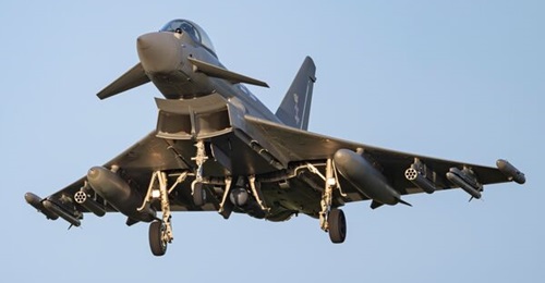 A Eurofighter Typhoon test aircraft seen carrying a pair of APKWS rocket pods during C-UAS trials in March 2026.