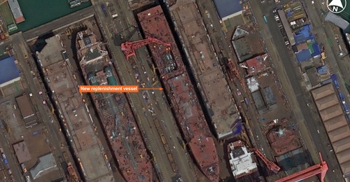 Vantor imagery shows a new replenishment vessel under construction at the COMEC Longxue shipyard near Guangzhou in China.