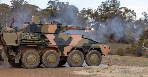 A Boxer Block II CRV participates in a static firing activity at Puckapunyal, Victoria.