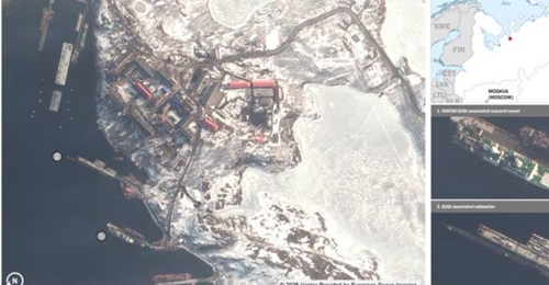 Satellite imagery released by the UK MoD showing Russia's Olenya Guba naval base, including what is likely the Delta IV Stretch submarine Podmoskovye (insert bottom right) and intelligence gathering vessel Yantar (insert above).