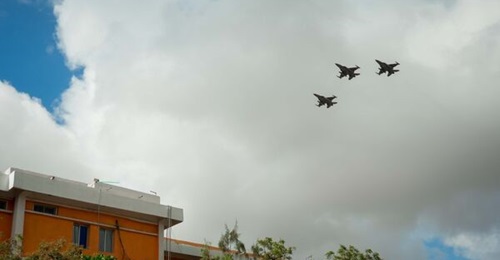 Three Turkish F-16s fly over the Somali Ministry of Defence in Mogadishu during the Somali National Armed Forces' 66th annivesary on 12 April 2026.