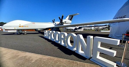 A full-scale mock-up of the Eurodrone that Germany, France, Italy, and Spain began developing, displayed at ILA 2022.
