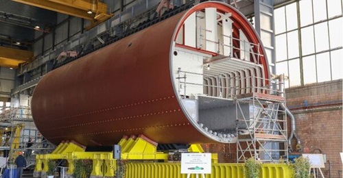 A hull section of the first Improved Todaro (Type 212 NFS)-class submarine in production at Fincantieri's Muggiano shipyard.