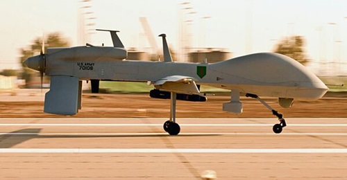 An MQ-1C Gray Eagle UAS at Camp Taji, Iraq, before a surveillance mission in the Baghdad area.
