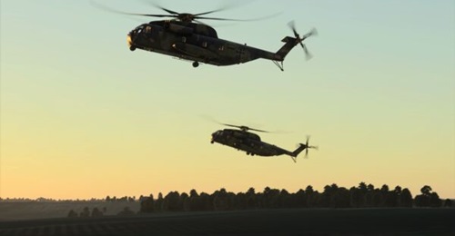 A pair of German CH-53 heavy-lift helicopters simulated in OneArc's VBS4 virtual desktop training environment