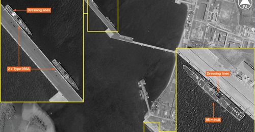 Vantor imagery shows Chinese and Cambodian Type 056A corvettes at Ream Naval Base. The probable Cambodian Navy improved Type 056A is 5 m longer than the PLAN hulls. Dressing lines suggest a ceremonial occasion such as official delivery.