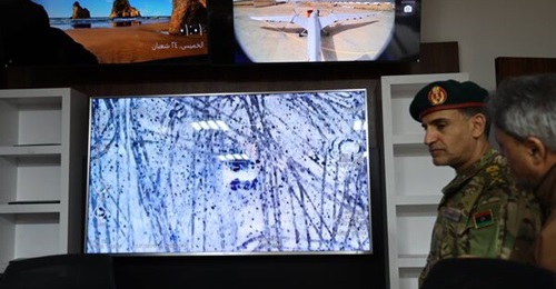 A feed from the camera on an Akinci UAV as it taxis at a location that could be identified as Mitiga Air Base in Tripoli is seen in a photograph from Exercise 'Storm 1' held in eastern Libya on 12 February 2026.