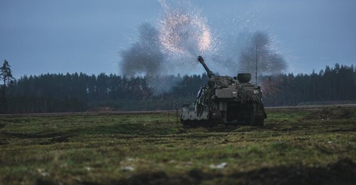 An Estonian K9 self-propelled howitzer firing during an exercise in December 2025.
