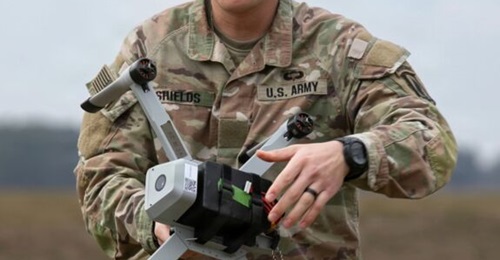 A US soldier preparing to fly a Bumblebee V1 UAV as part of a training exercise in the Grafenwoehr Training Area, Germany, on 20 March 2026.