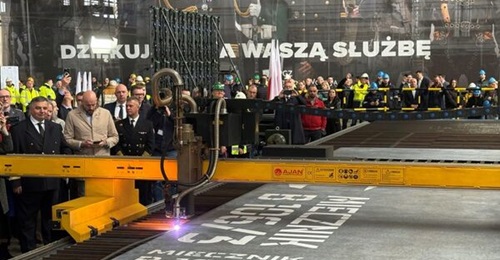 Steel is cut for Poland's third Miecznik frigate, Huragan, on 28 April 2026.