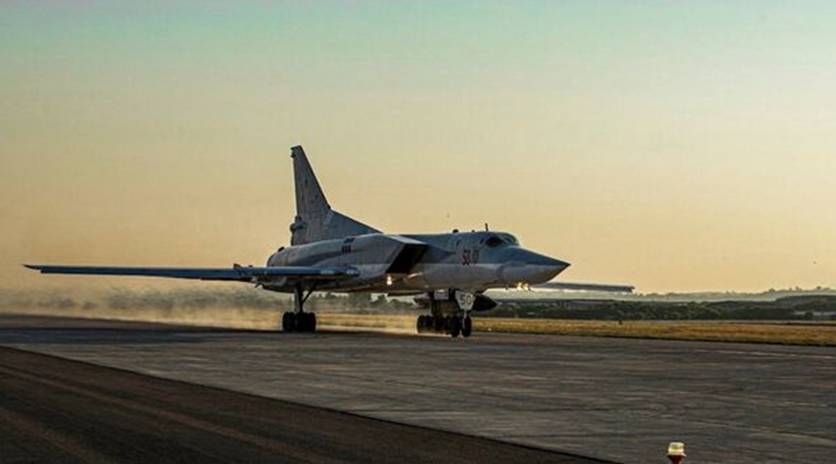 The Russian MoD published this photo on 25 June of a Tu-22M3 bomber with tail number Red 50 carrying a Kh-22 anti-ship missile taking off from Humaymim airbase in Syria.
