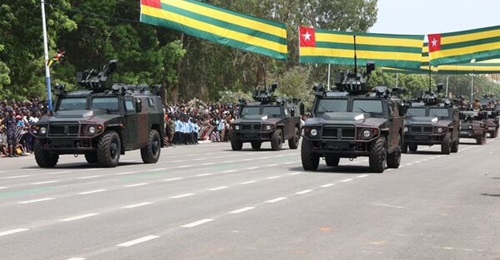 The Tigr-Ms in Togo's anniversary parade on 27 April followed by the RBRA's Scorpions.