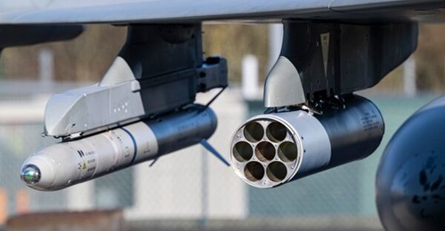 A seven-shot APKWS laser-guided rocket launcher seen during UK trials aboard the Eurofighter Typhoon. In May 2026 the US approved the sale of the weapon to Israel and Middle East allies in the C-UAS role.