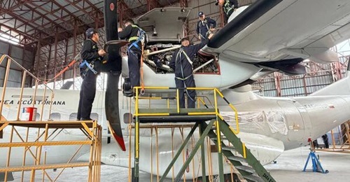 An Airbus C-295 undergoes maintenance, carried out by the Ecuadorian Air Force's (FAE) Directorate of Aeronautical Industry (DIAF)