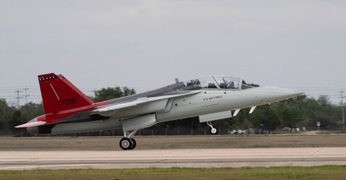 A T-7A Red Hawk lands after flight at Joint Base San Antonio-Randolph in 2026.