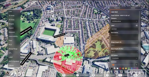 A screenshot of VRAI's VADE mission planning system, showing the visualisation of different elements of a plan, including an unmanned aerial vehicle-restricted operating zone, routes, and intervisibility calculations.