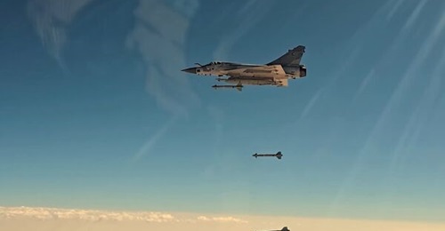 Four Al Tariq guided bombs are released from a UAE Mirage 2000-9.