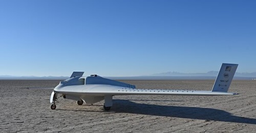 DARPA's XRQ-73 SHEPARD hybrid-electric experimental aircraft takes off at Edwards Air Force Base, California.