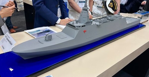 A model of the Improved Mogami class, which has been applied with Royal Australian Navy livery, on display at Indo Pacific 2025.