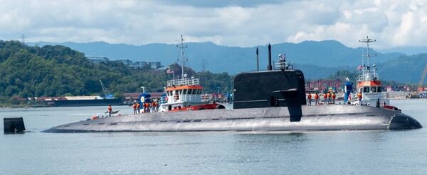 Pakistan's first Hangor-class submarine seen here approaching a naval pier at Kota Kinabalu in East Malaysia.