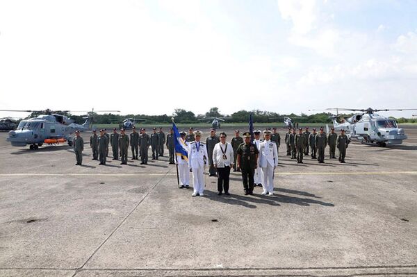 The pilots of the PN's two AW139s, seen here during their induction ceremony on 17 June, have yet to be trained for deck-landing operations and integration on the José Rizal-class frigates, according to PN chief Vice Adm Bacordo. (Philippine Navy)
