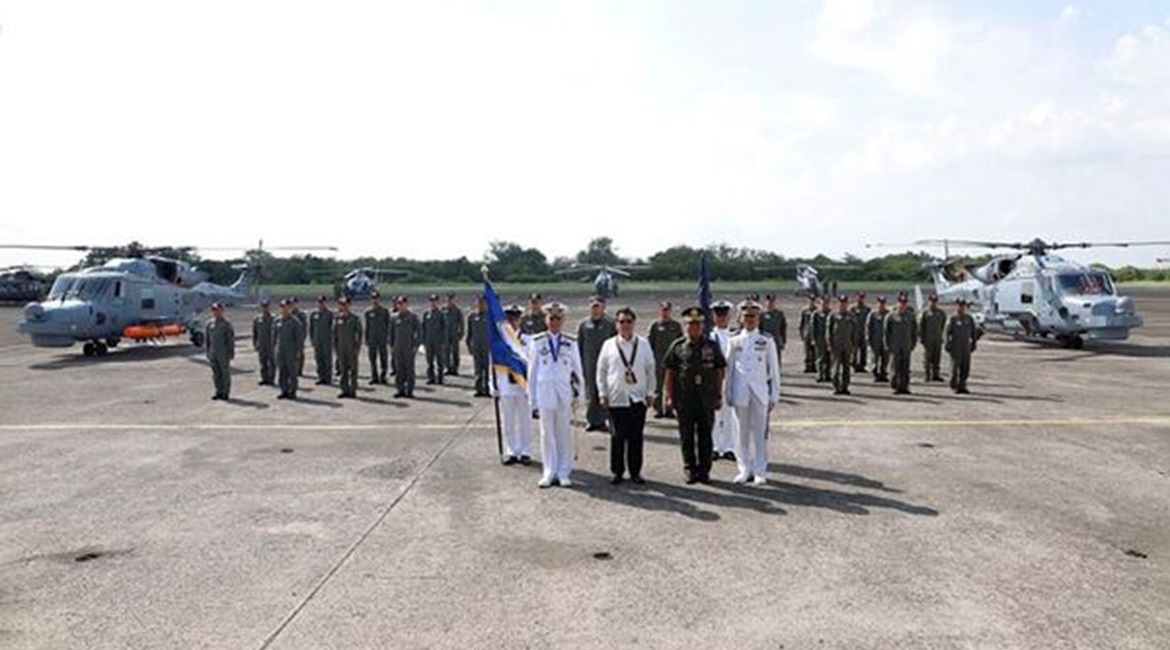 The pilots of the PN's two AW139s, seen here during their induction ceremony on 17 June, have yet to be trained for deck-landing operations and integration on the José Rizal-class frigates, according to PN chief Vice Adm Bacordo.