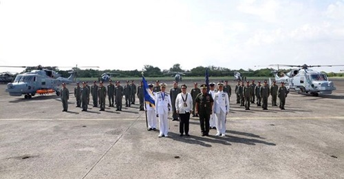 The pilots of the PN's two AW139s, seen here during their induction ceremony on 17 June, have yet to be trained for deck-landing operations and integration on the José Rizal-class frigates, according to PN chief Vice Adm Bacordo.