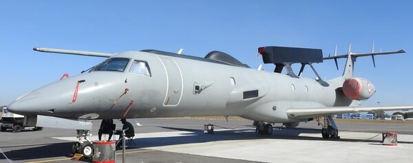 An IAF 'Netra' AEW&C aircraft on static display at Aero India 2025. The IAF seeks to acquire six additional 'Netra' platforms.