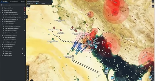 An image from a video shared by Palantir on 13 March 2026, showing a common intelligence picture on a map via the Palantir Platform.