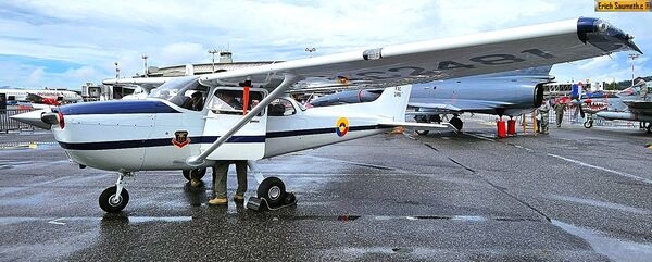 A Colombian Air Force Cessna 172 on static display. Colombia's inventory of Cessna 172 reached 19 aircraft, which are used for pilot training for the nation's air force.