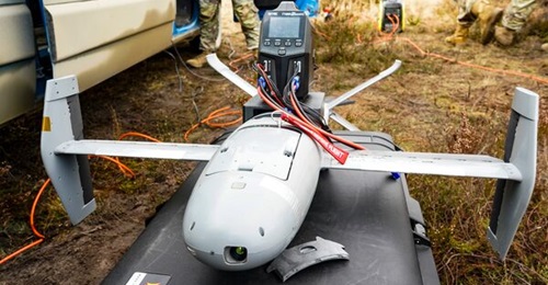 AS3 Surveyor interceptor, which is part of the Merops C-UAS, hooked to a battery to charge for its next flight near Lipa, Poland, on November 10, 2025.