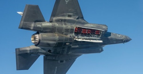 An F-35B carrying four SPEAR 3 precision-guided munitions in one of its two internal weapons bays during trials earlier in 2026. The UK is set to field the combination in the early 2030s.