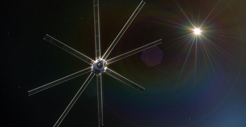 An artistic impression of a Mantis Space satellite with solar arrays deployed and high-powered lasers for delivering energy to customer satellites.