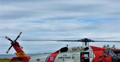 US Coast Guard Cutter Waesche conducted flight operations with aircraft from Air Station Kodiak, like the H-60 shown at the station here.