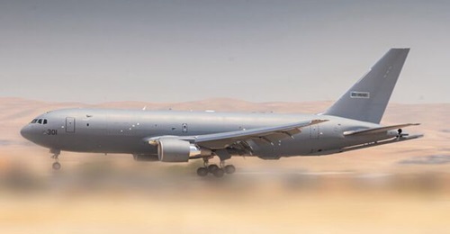 A heavily redacted image showing the first of six (plus two on option) Boeing KC-46A Gideon tankers for Israel being delivered into Nevatim Airbase on 27 May 2026.