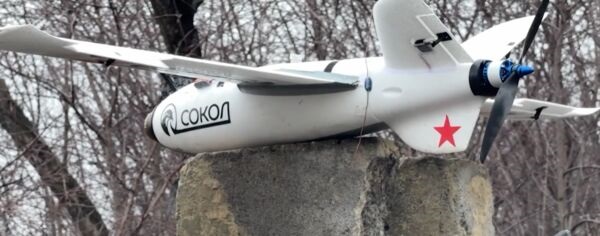 An image from a video purporting to show Russia's Sokol-I interceptor UAV before the platform was launched by hand.