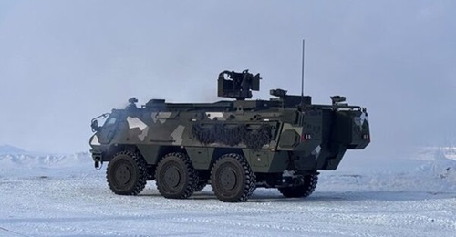 Patria 6x6 vehicle at an international Arctic event organised by Patria in Rovaniemi, Lapland, on 18-19 March 2025.